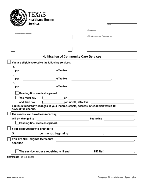Form H2065-A Notification of Community Care Services - Texas