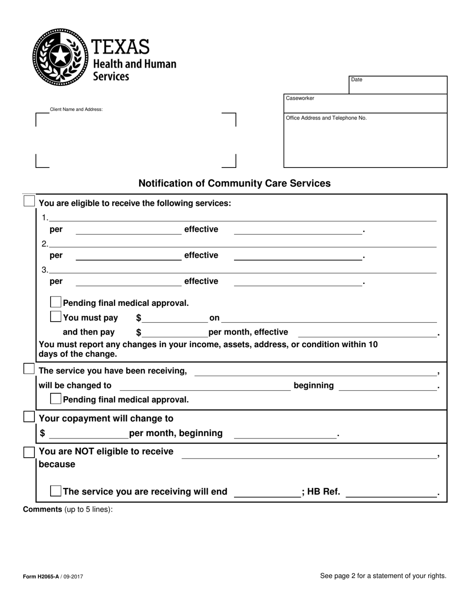 Form H2065-A Notification of Community Care Services - Texas, Page 1