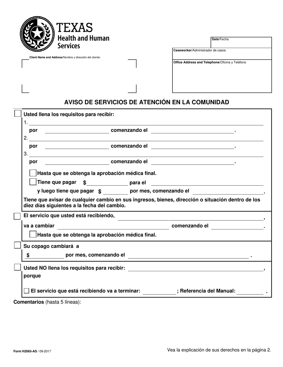 Formulario H2065-AS Aviso De Servicios De Atencion En La Comunidad - Texas (Spanish), Page 1