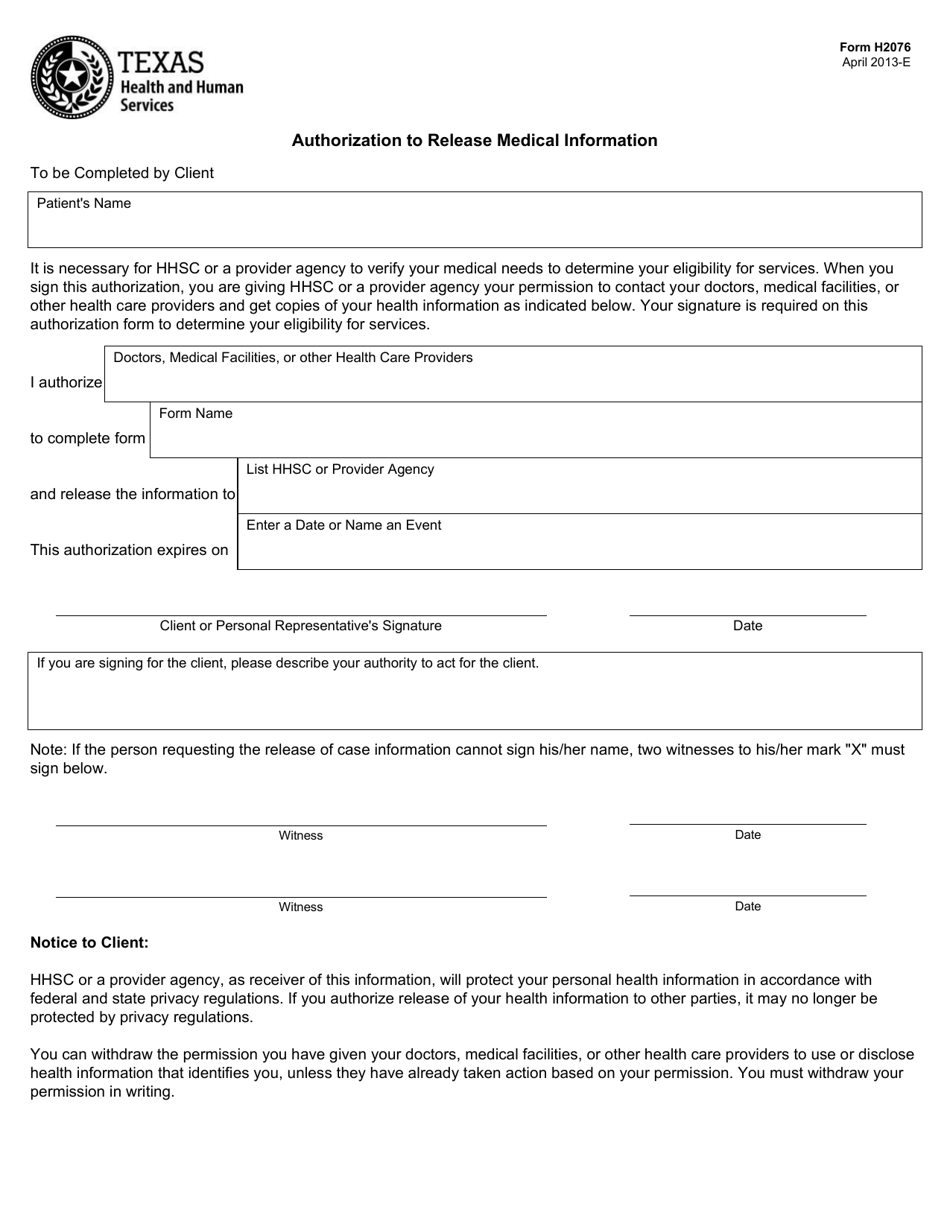 Form H2076 Authorization to Release Medical Information - Texas, Page 1