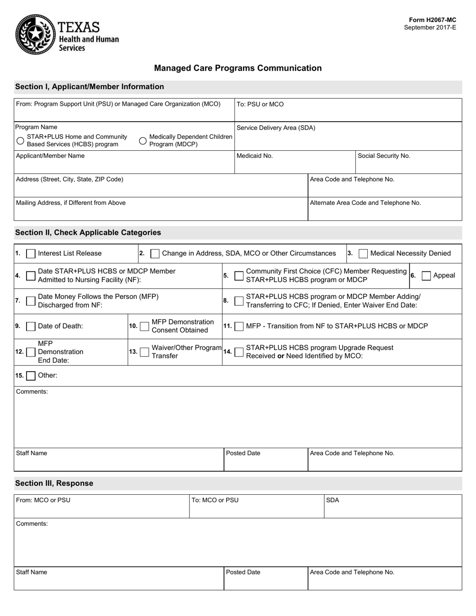 Form H2067-MC Managed Care Programs Communication - Texas, Page 1