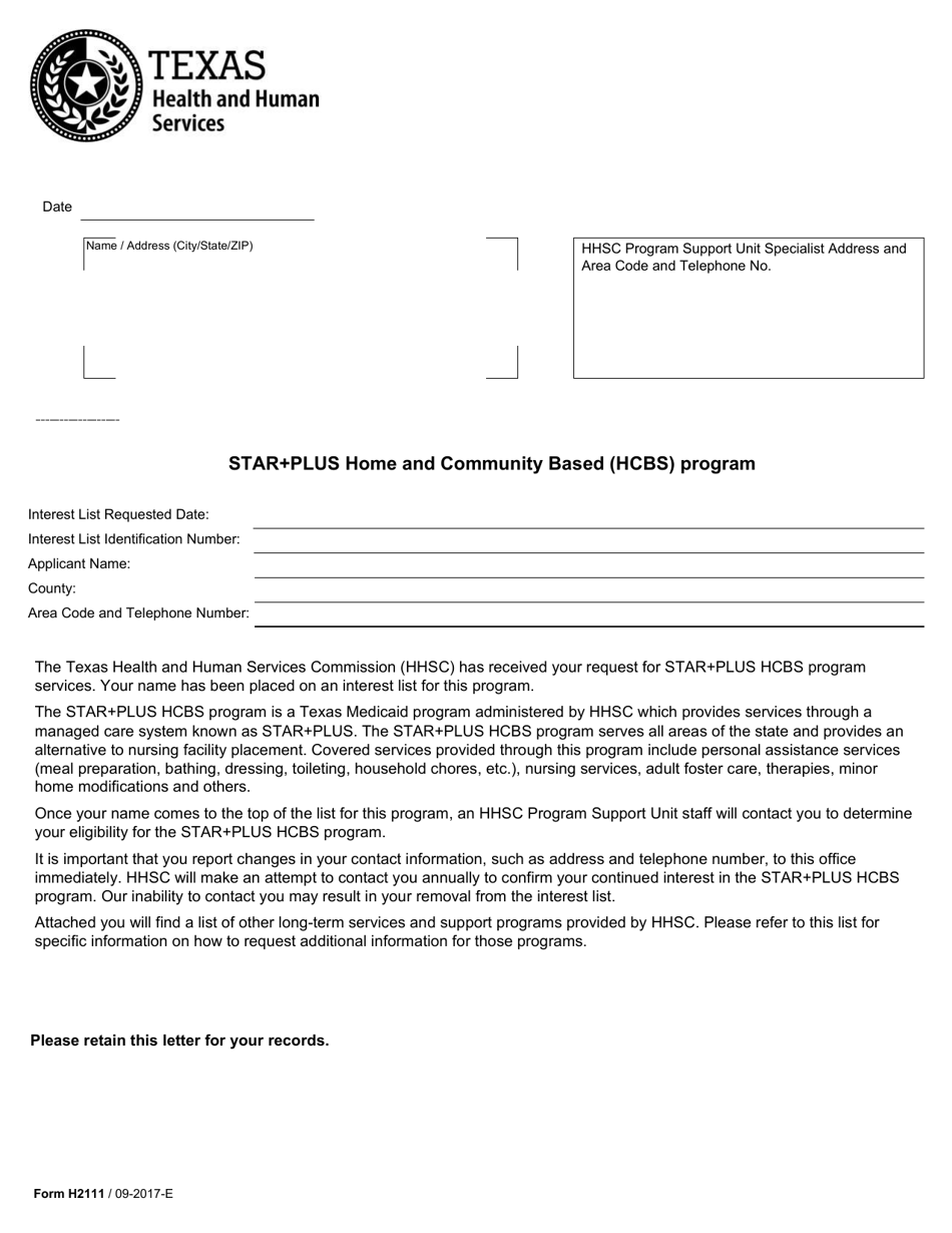 Form H2111 - Fill Out, Sign Online And Download Fillable PDF, Texas ...