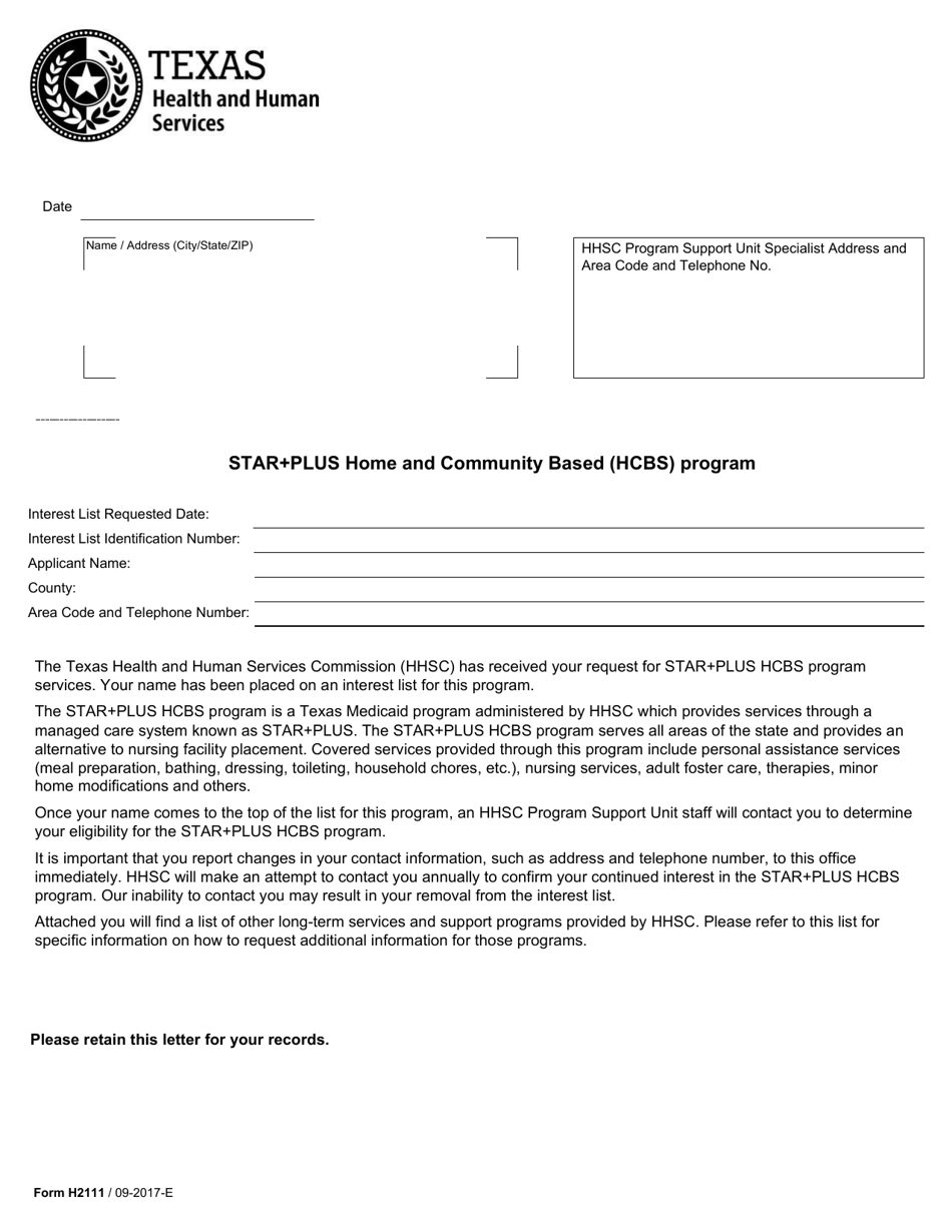 Form H2111 Star+plus Home and Community Based (Hcbs) Program - Texas, Page 1