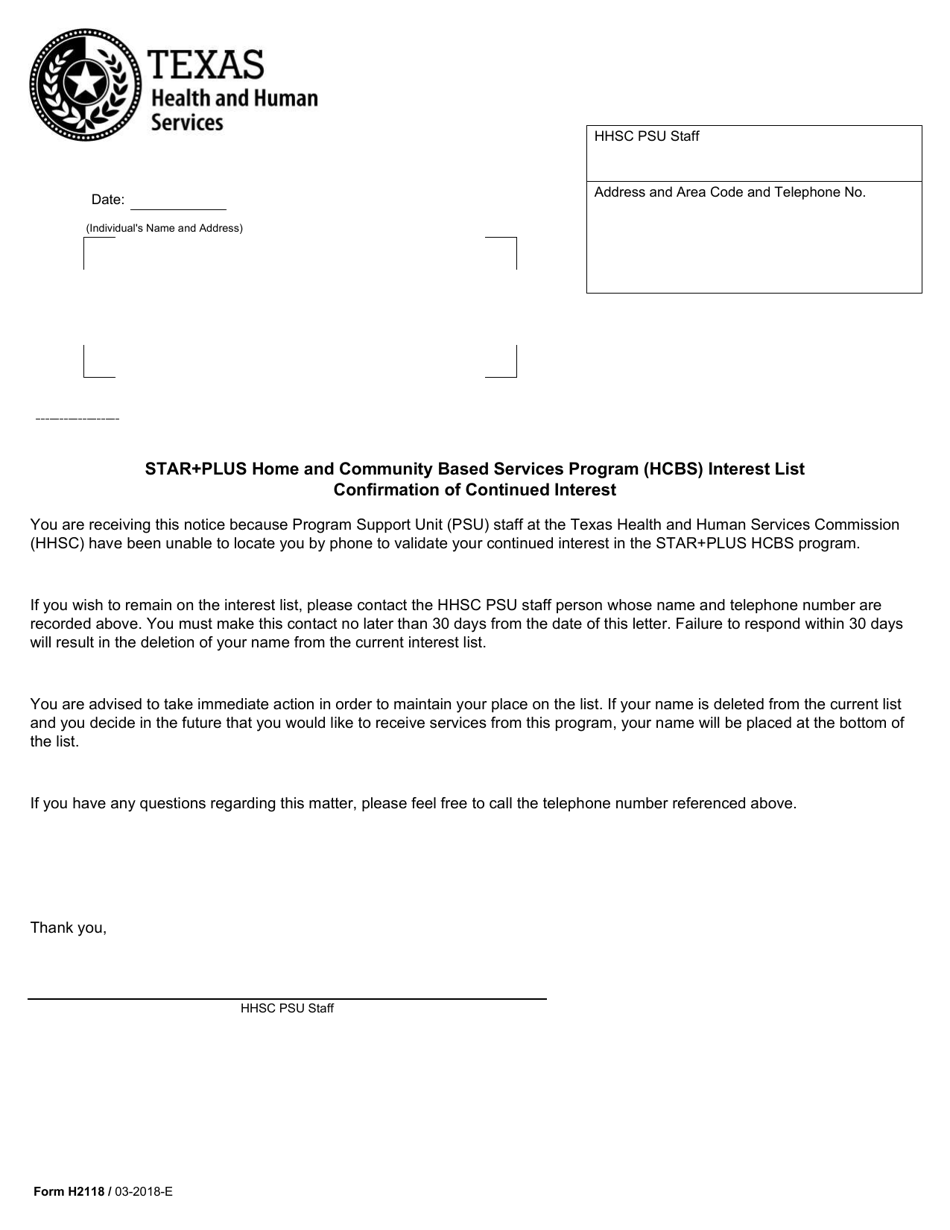 Form H2118 Star+plus Home and Community Based Services Program (Hcbs) Interest List Confirmation of Continued Interest - Texas, Page 1