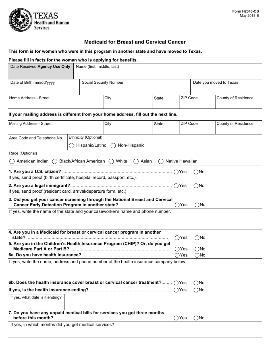 Form H2340-OS Medicaid for Breast and Cervical Cancer - Texas, Page 1