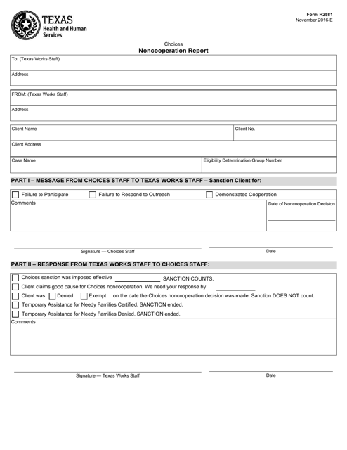 Form H2581 Choices Noncooperation Report - Texas
