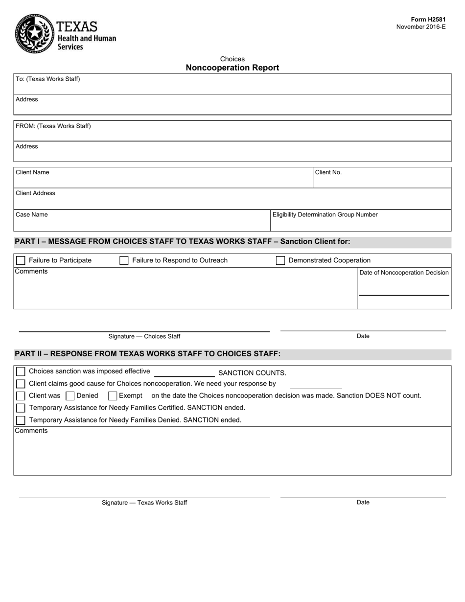 Form H2581 Choices Noncooperation Report - Texas, Page 1