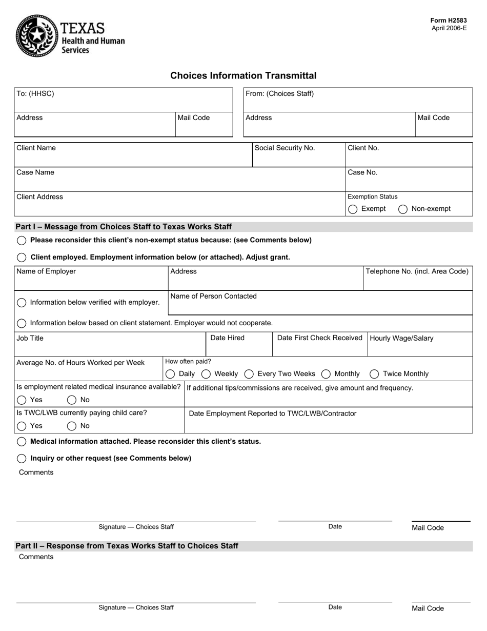 Form H2583 Choices Information Transmittal - Texas, Page 1