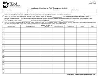 Form H2776 Job Search Worksheet for TANF Employment Hardship Exemption - Texas