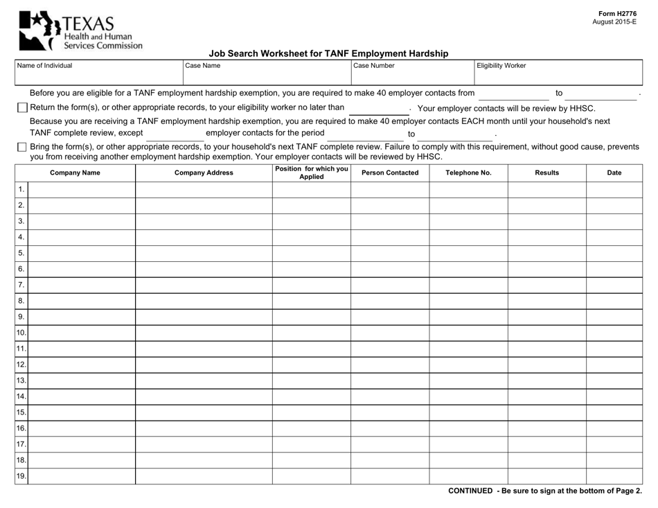 Form H2776 Job Search Worksheet for TANF Employment Hardship Exemption - Texas, Page 1