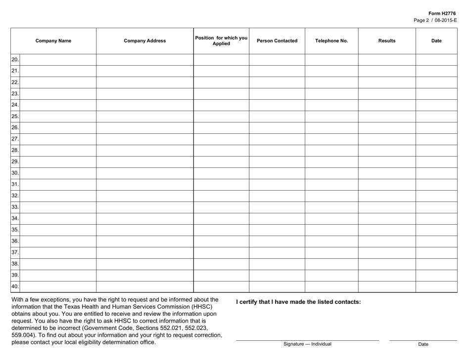 Form H2776 Job Search Worksheet for TANF Employment Hardship Exemption - Texas, Page 2