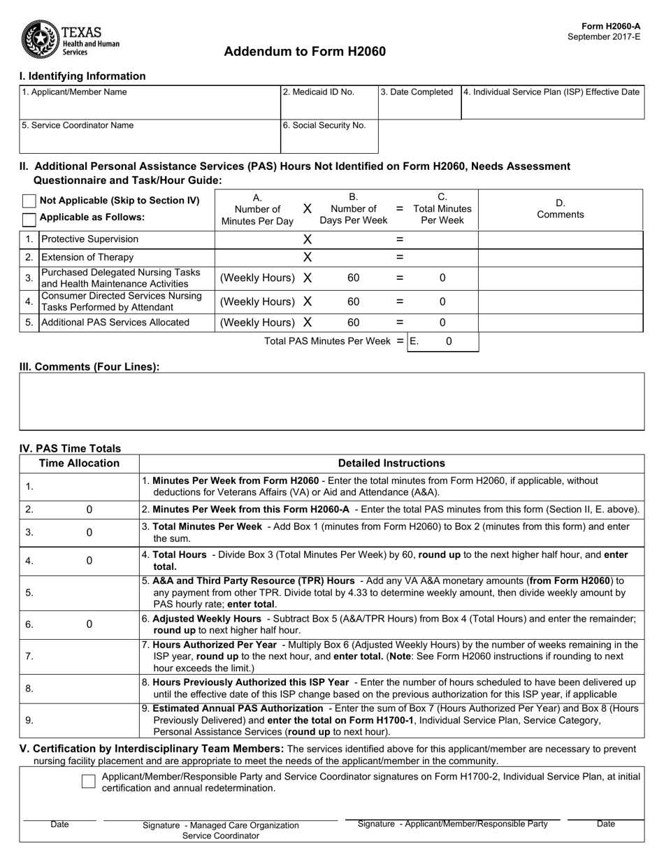 Form H2060-A Addendum to Form H2060 - Texas, Page 1