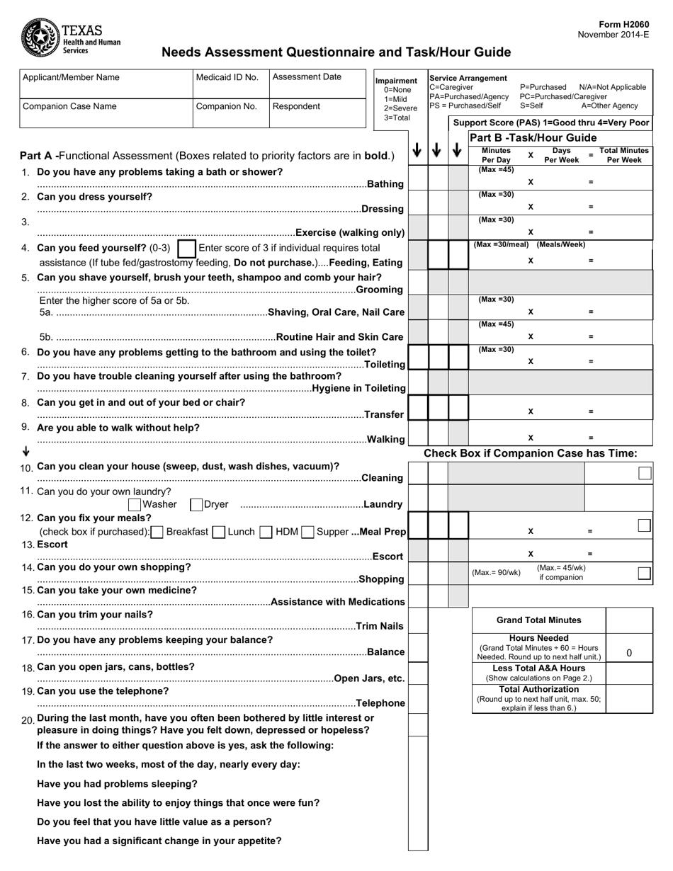 Form H2060 Needs Assessment Questionnaire and Task / Hour Guide - Texas, Page 1