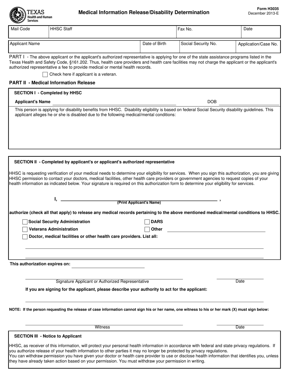 Form H3035 Medical Information Release / Disability Determination - Texas, Page 1
