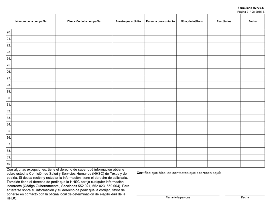 Formulario H2776-S Apuntes Sobre La Busqueda De Trabajo Para La Exencion De TANF Por Dificultad De Encontrar Trabajo - Texas (Spanish), Page 2