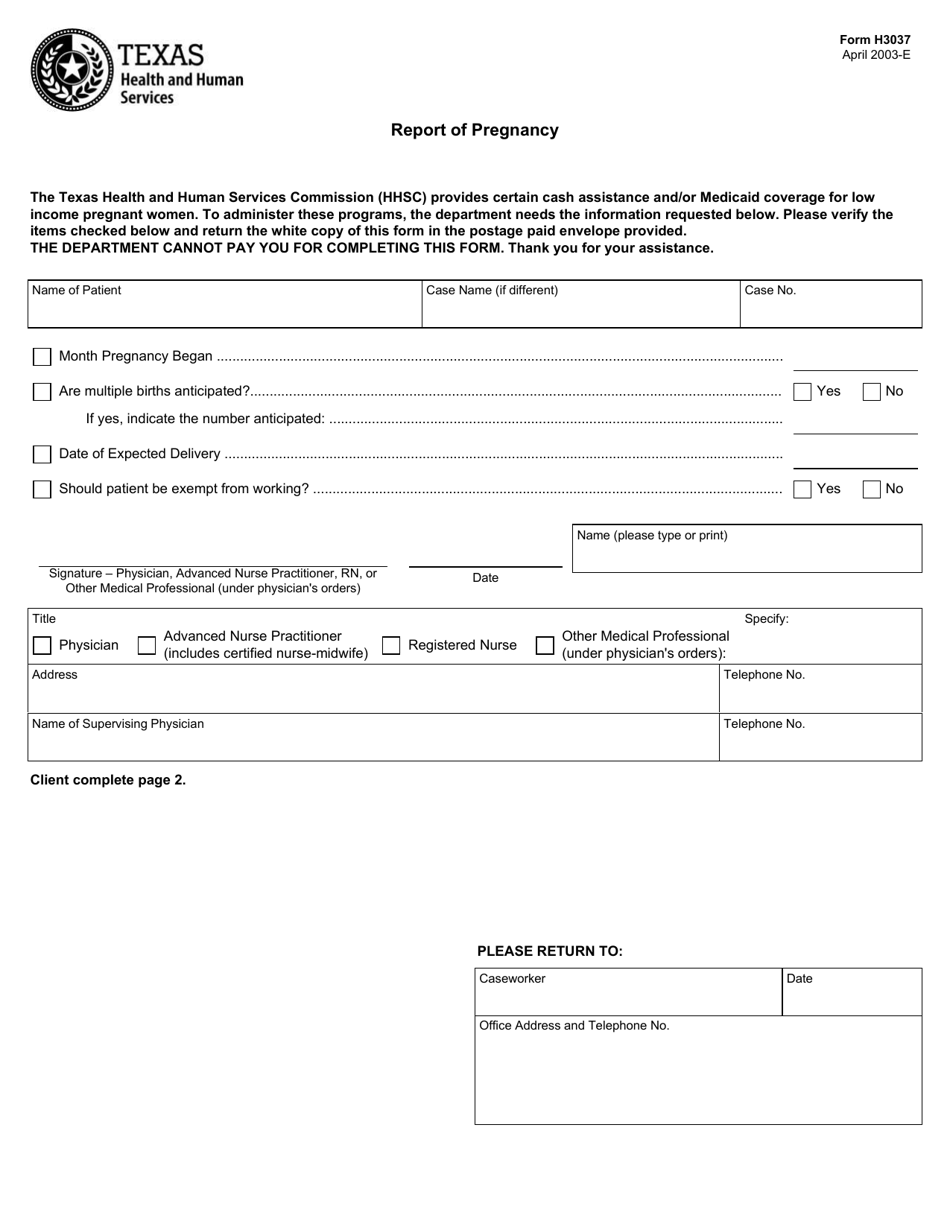 Form H3037 Report of Pregnancy - Texas, Page 1