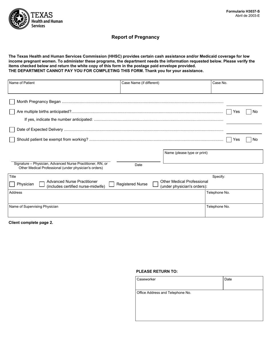 Form H3037-S Report of Pregnancy - Texas (English / Spanish), Page 1