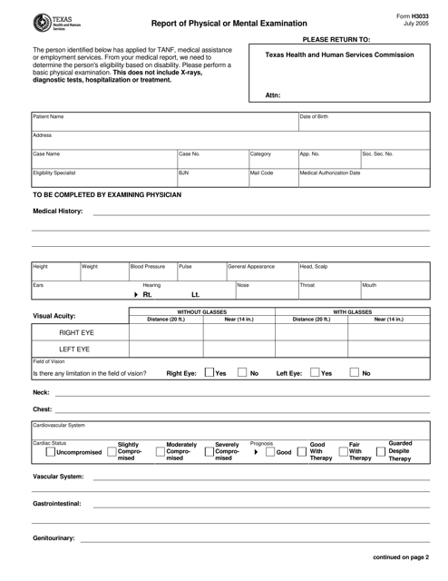 Form H3033 Report of Physical or Mental Examination - Texas