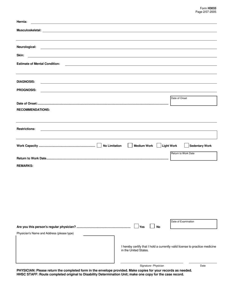 Form H3033 Report of Physical or Mental Examination - Texas, Page 2