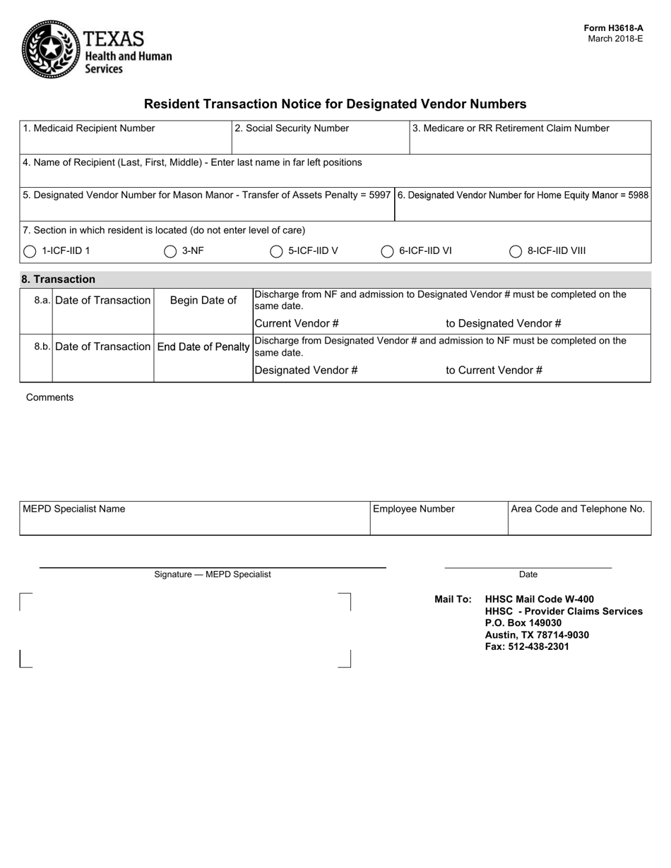 Form H3618-A Resident Transaction Notice for Designated Vendor Numbers - Texas, Page 1
