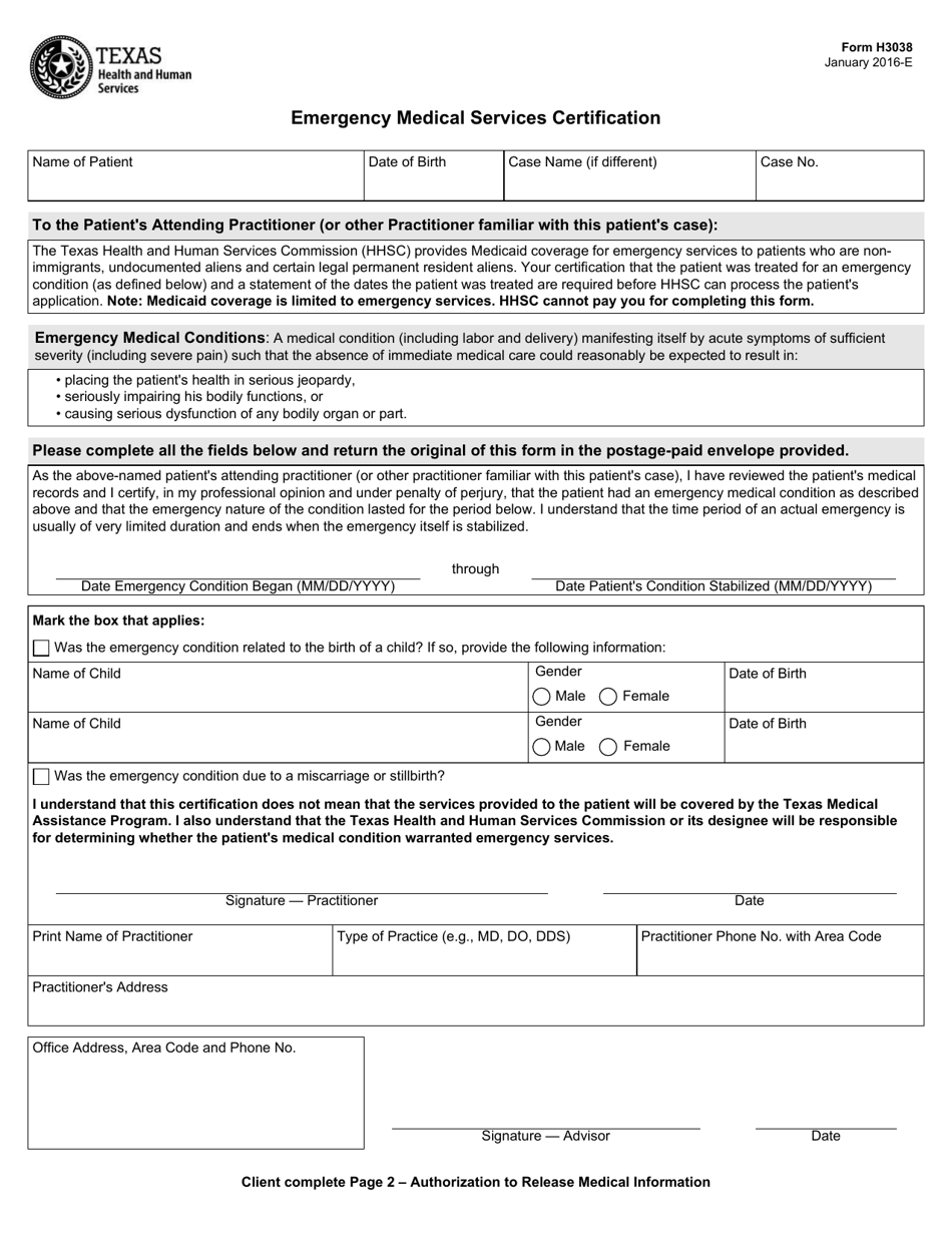 Form H3038 Emergency Medical Services Certification - Texas, Page 1