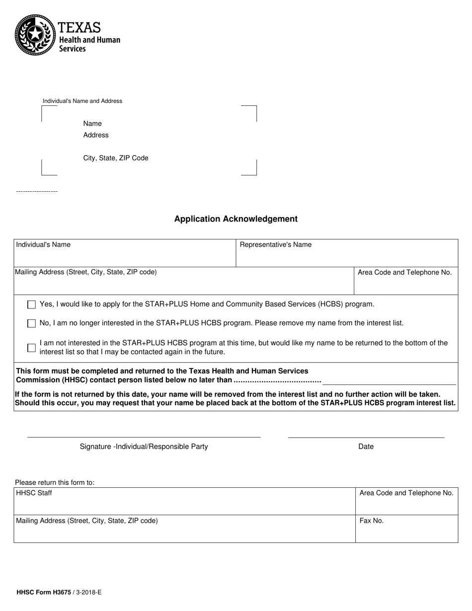 HHSC Form H3675 Application Acknowledgement - Texas, Page 1