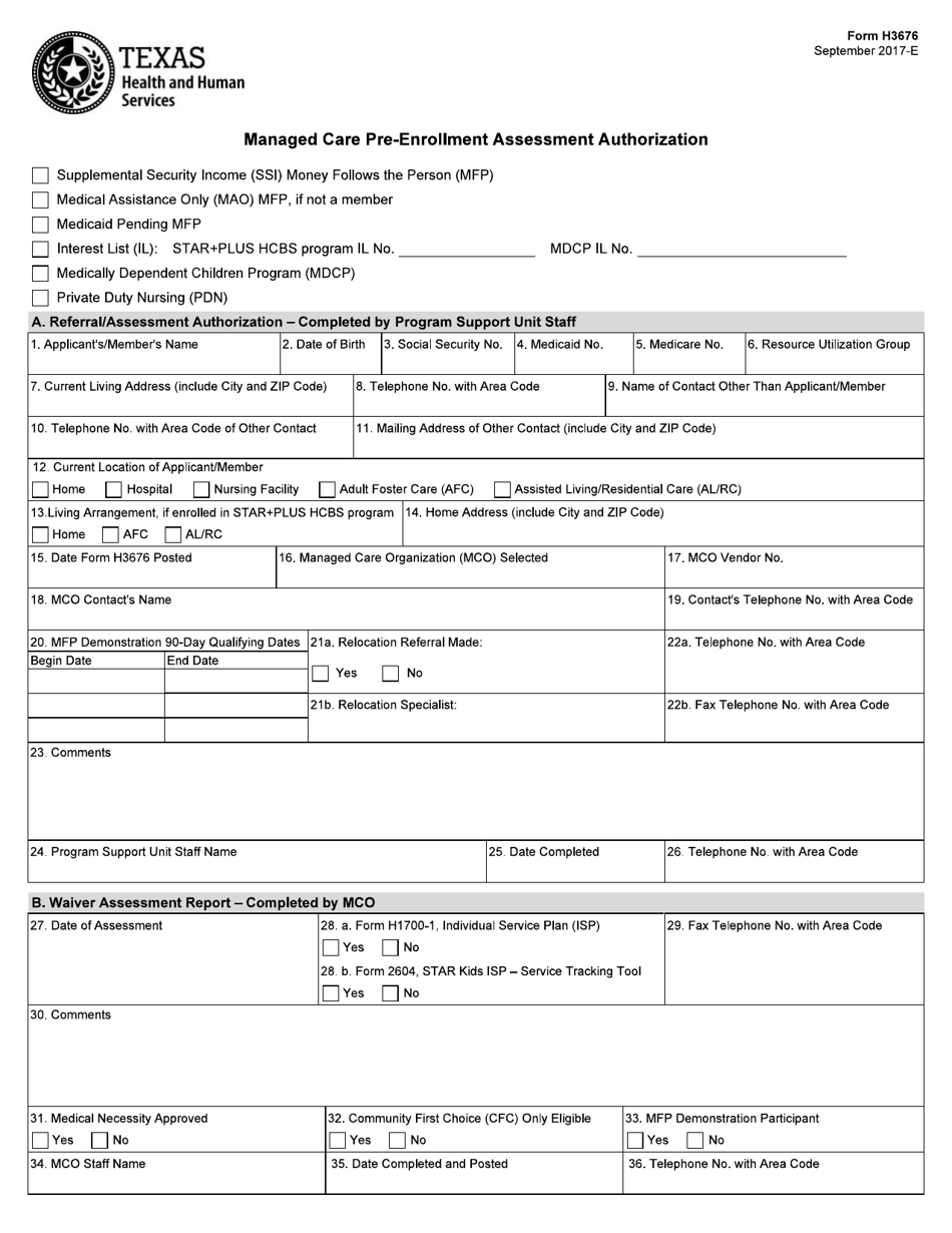 Form H3676 Managed Care Pre-enrollment Assessment Authorization - Texas, Page 1
