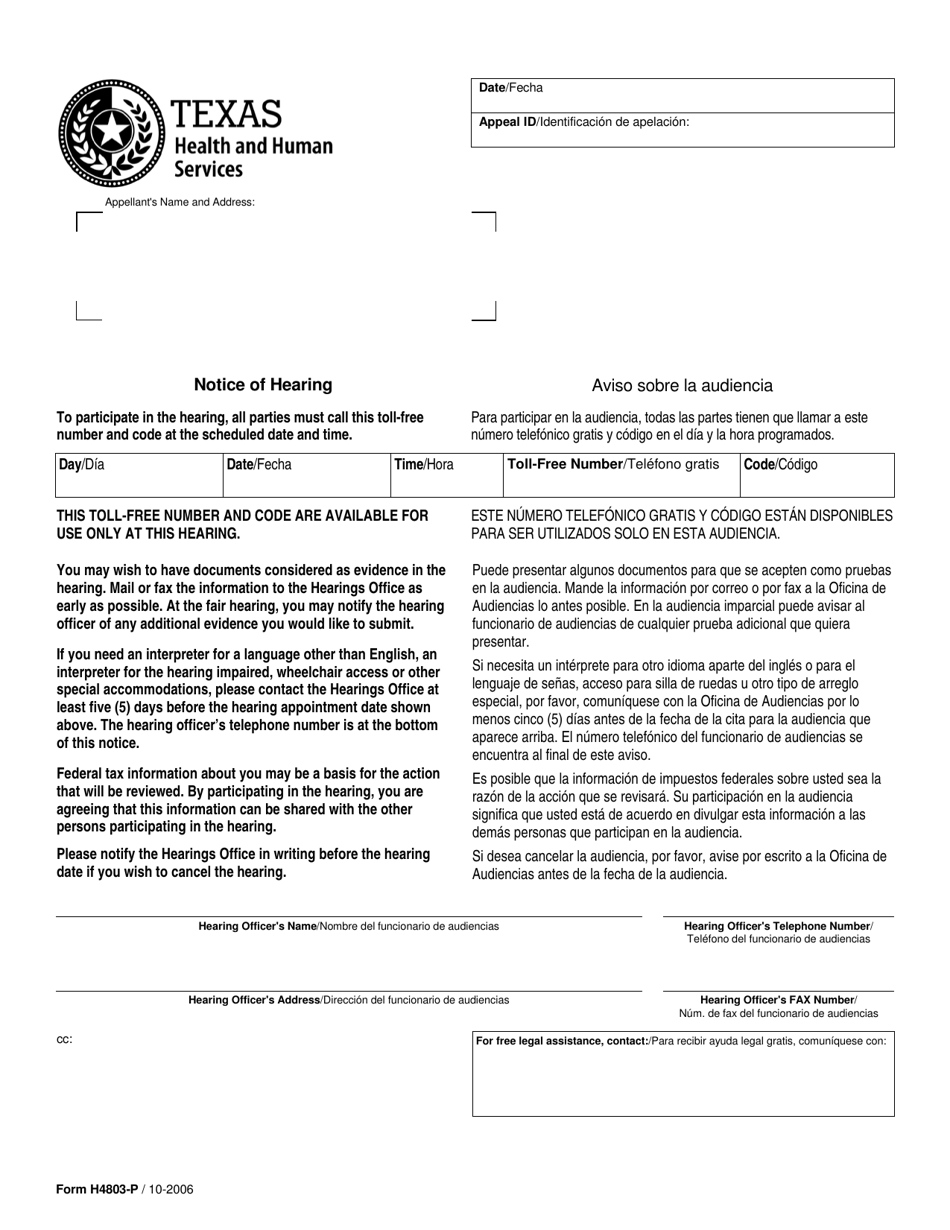 Form H4803-P Notice of Hearing - Texas (English / Spanish), Page 1
