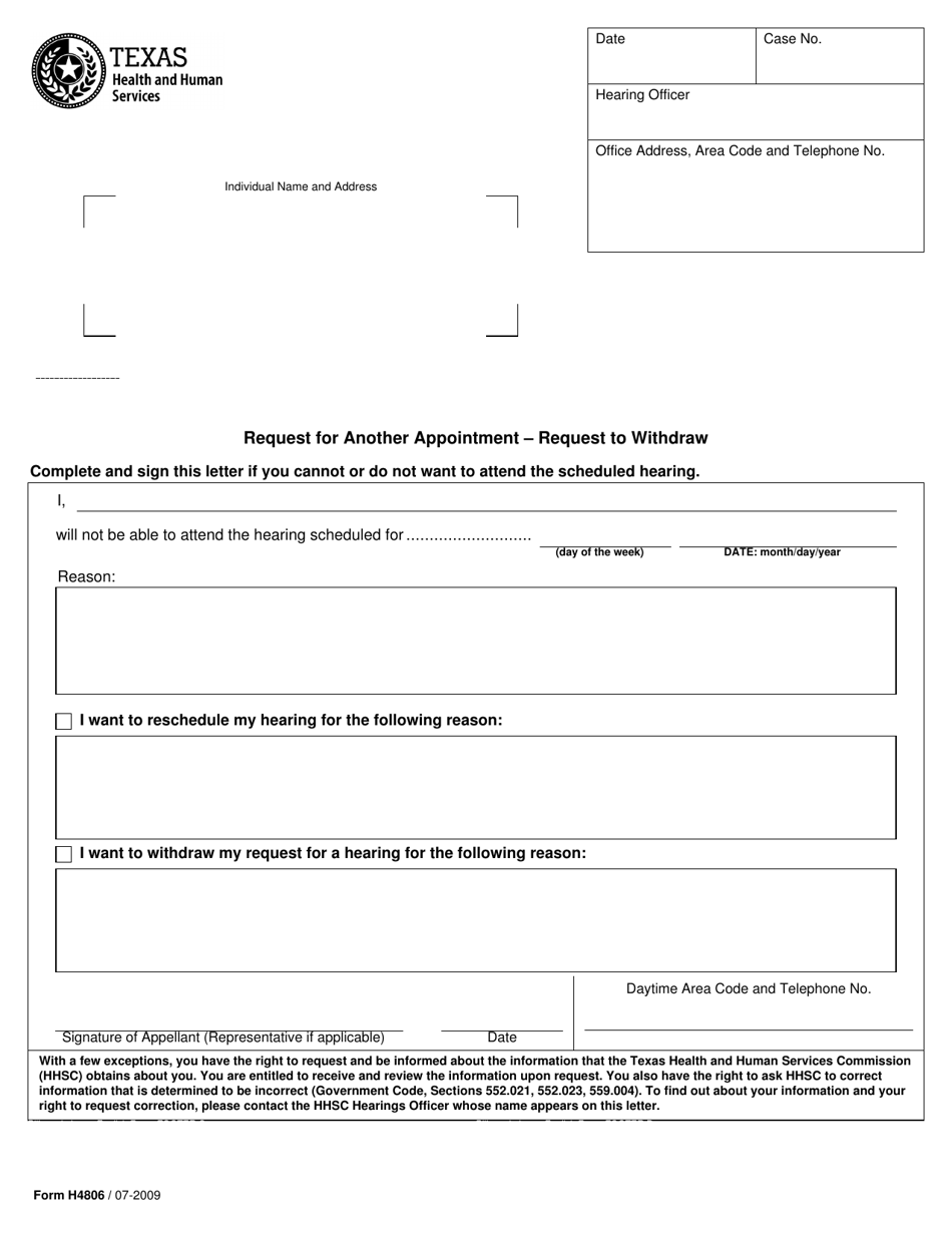 Form H4806 Request for Another Appointment  Request to Withdraw - Texas, Page 1