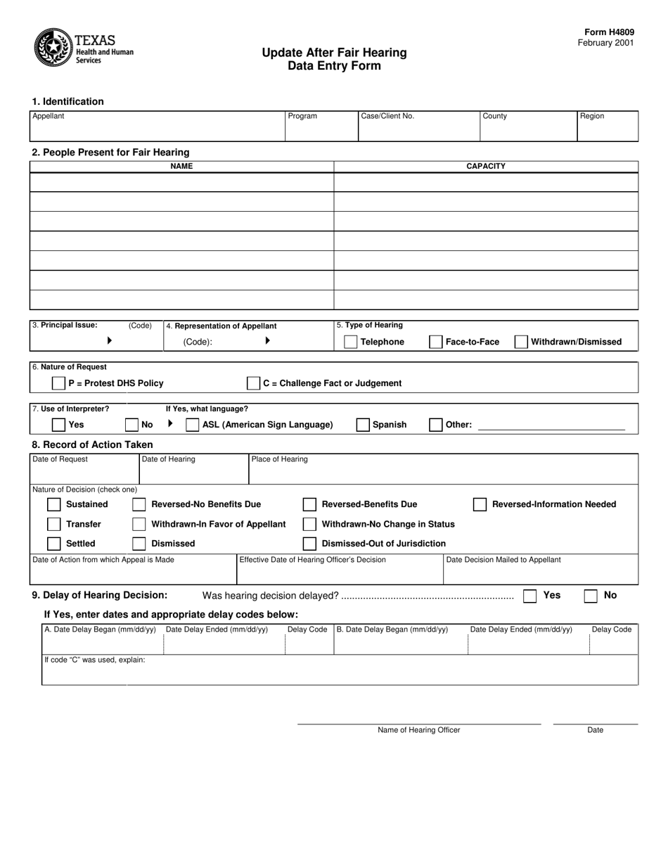 Form H4809 Update After Fair Hearing Data Entry Form - Texas, Page 1