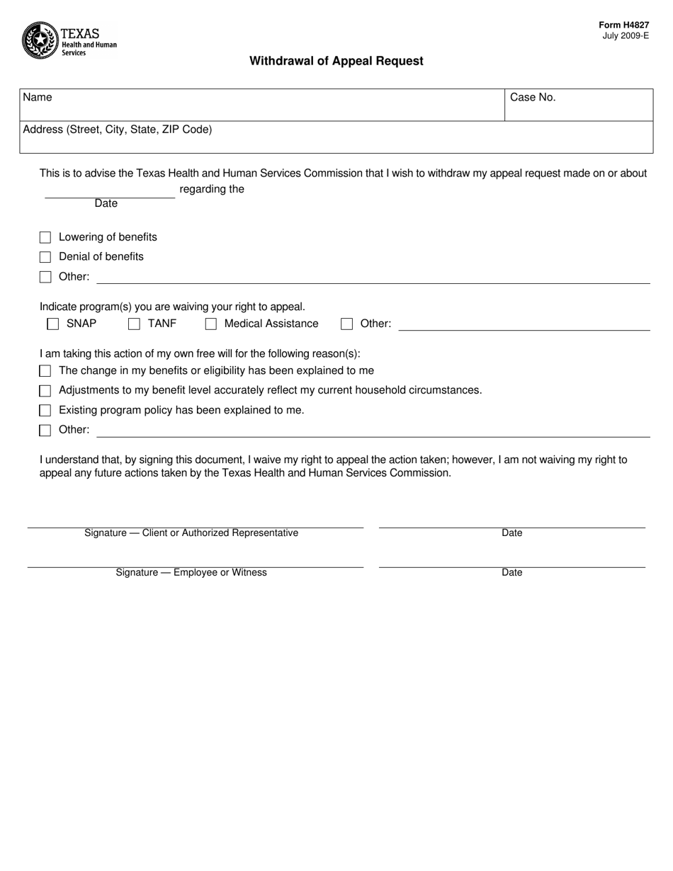 Form H4827 Withdrawal of Appeal Request - Texas, Page 1