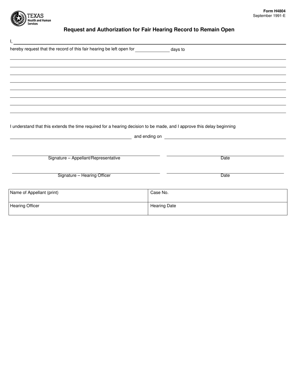 Form H4804 Request and Authorization for Fair Hearing Record to Remain Open - Texas (English / Spanish), Page 1