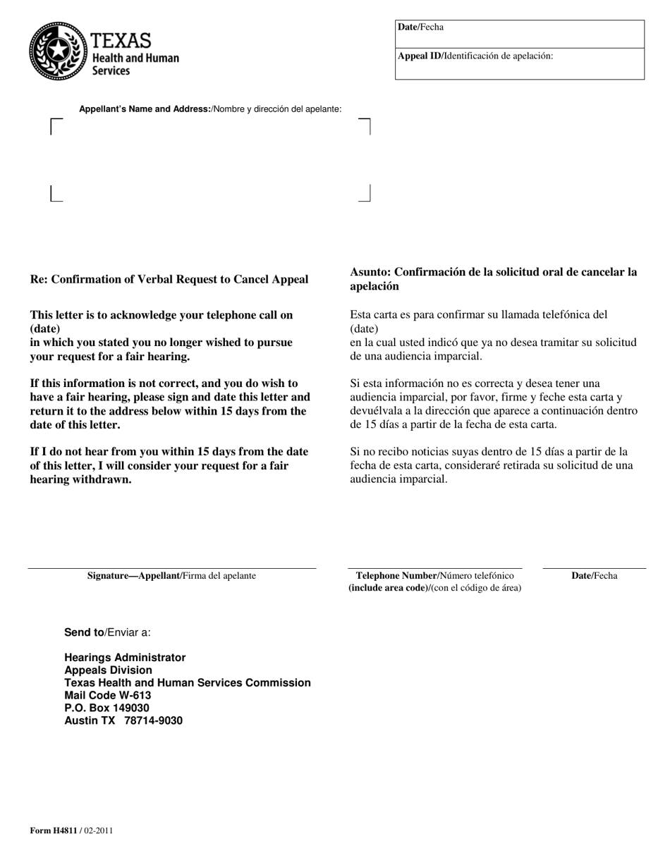 Form H4811 Confirmation of Verbal Request to Cancel Appeal - Texas (English / Spanish), Page 1