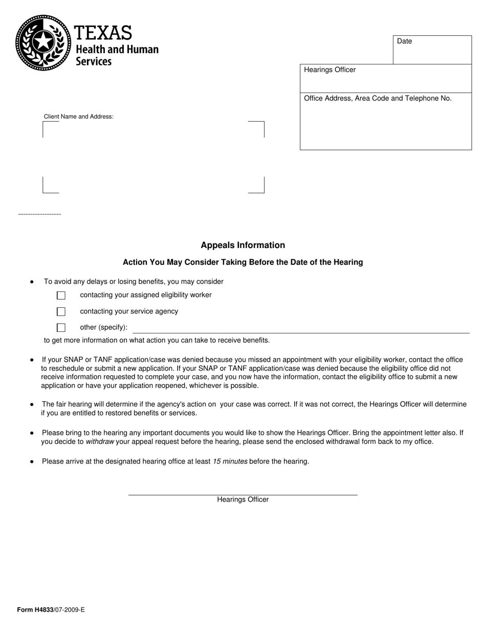 Form H4833 Appeals Information - Texas, Page 1