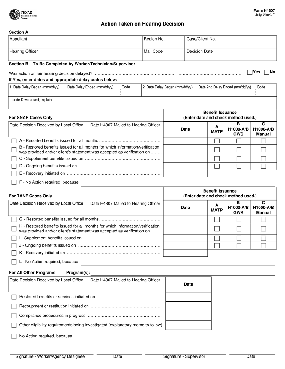 Form H4807 Action Taken on Hearing Decision - Texas, Page 1