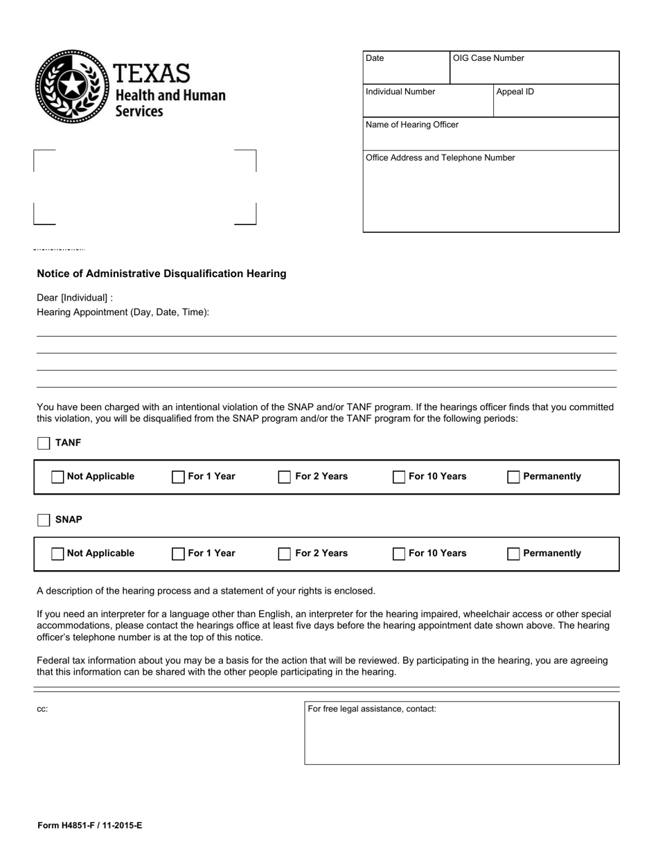 Form H4851-F Notice of Administrative Disqualification Hearing - Texas, Page 1