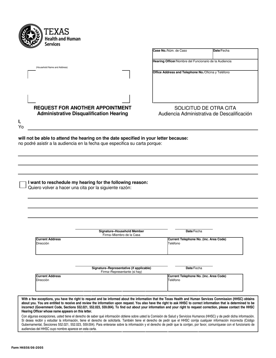 Form H4856 Request for Another Appointment - Texas (English / Spanish), Page 1