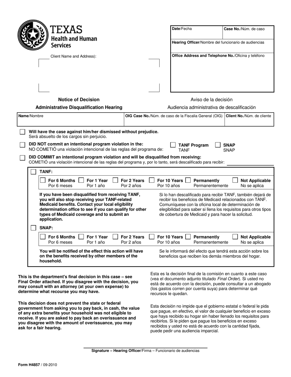 Form H4857 - Fill Out, Sign Online and Download Printable PDF, Texas ...