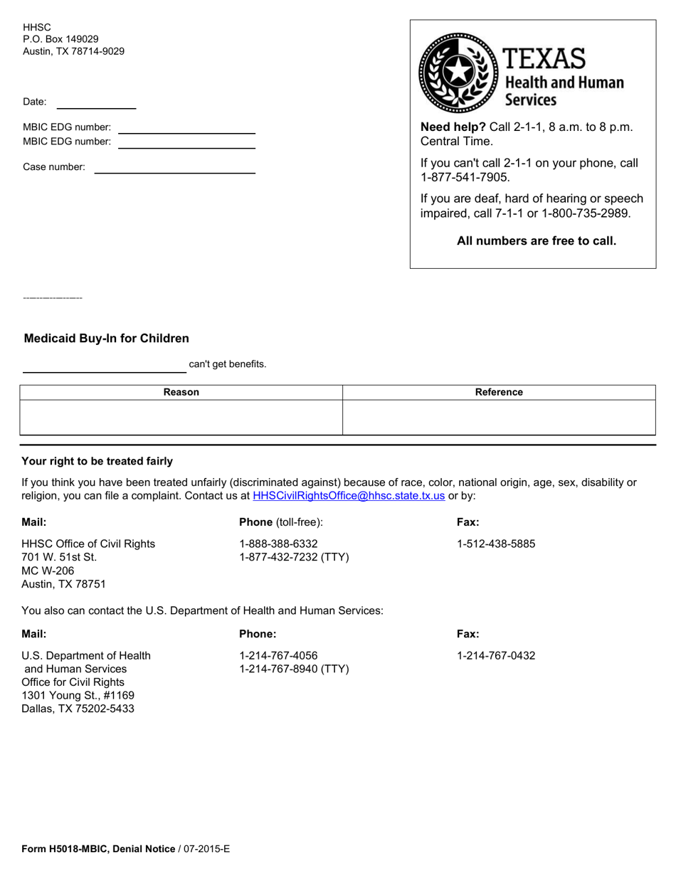 Form H5018-MBIC Denial Notice (Medicaid Buy-In for Children) - Texas, Page 1