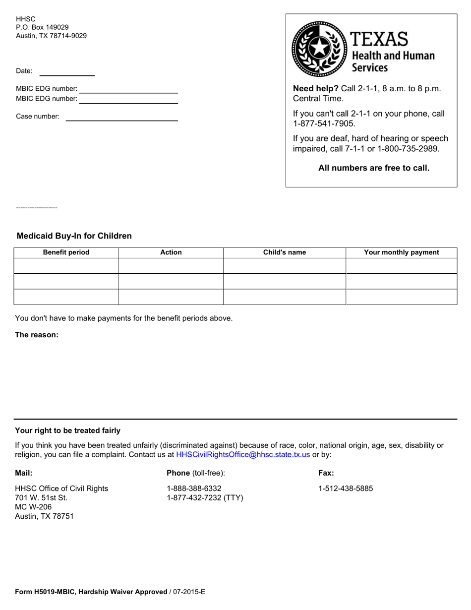 Form H5019-MBIC Hardship Waiver Approved (Medicaid Buy-In for Children) - Texas, Page 1