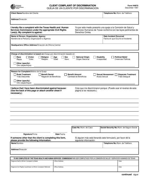 Form H4870 Client Complaint of Discrimination - Texas (English/Spanish)