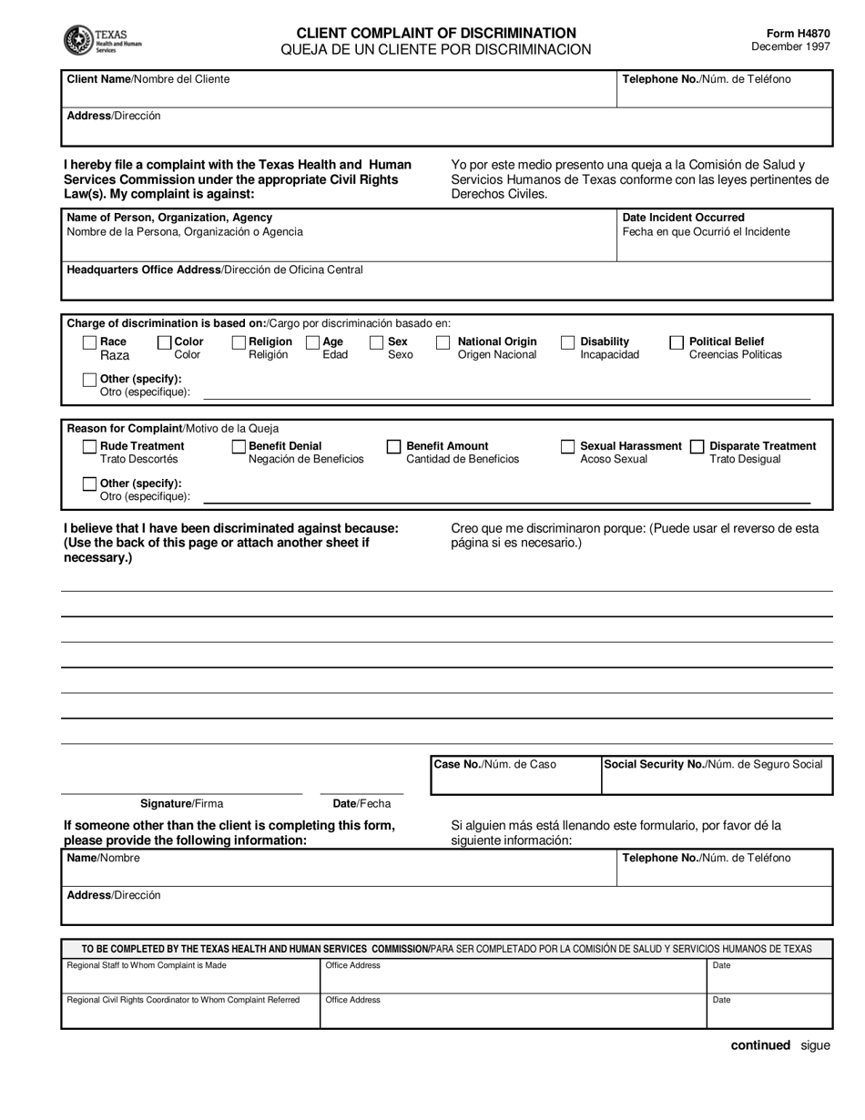 Form H4870 Client Complaint of Discrimination - Texas (English / Spanish), Page 1