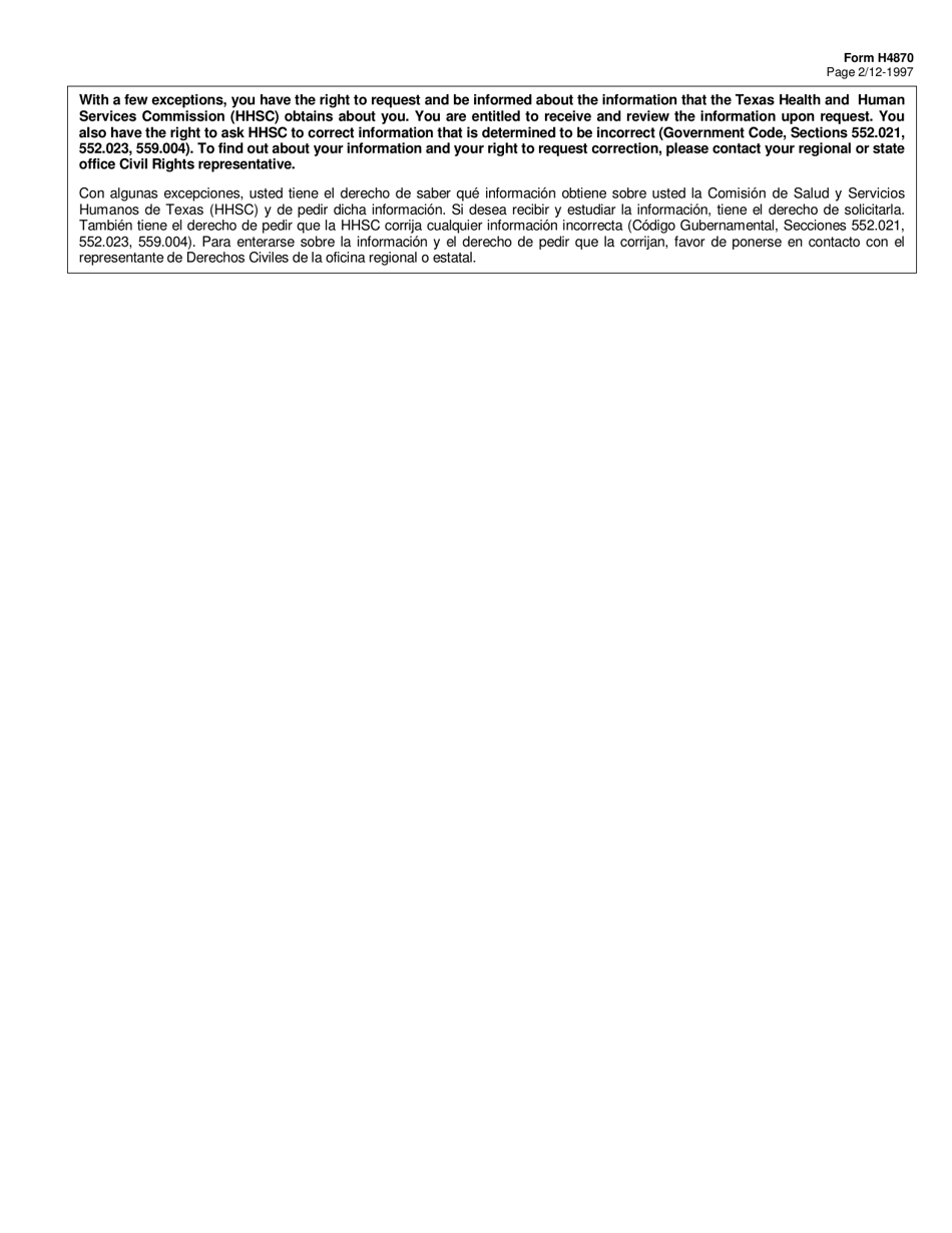 Form H4870 Client Complaint of Discrimination - Texas (English / Spanish), Page 2