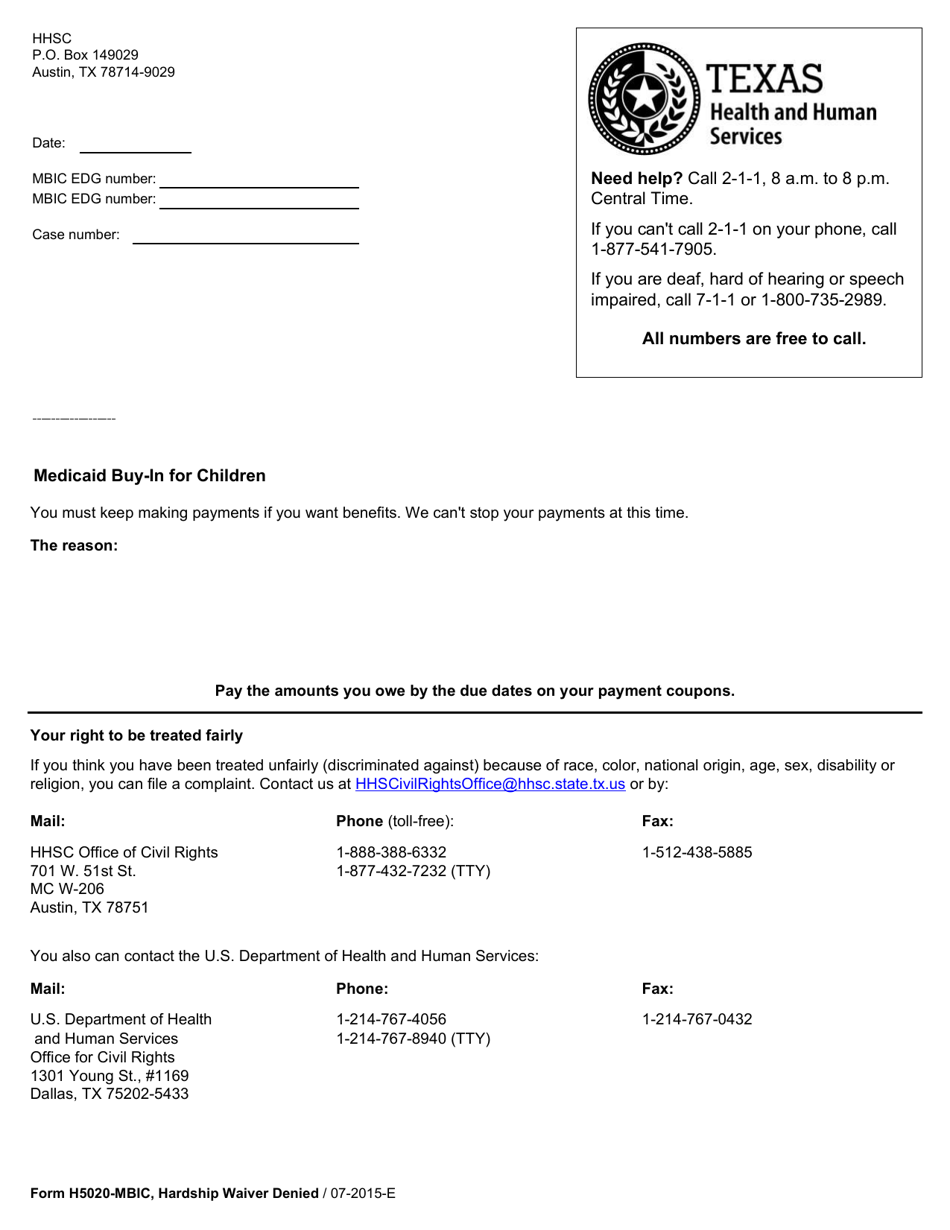 Form H5020-MBIC Hardship Waiver Denied (Medicaid Buy-In for Children) - Texas, Page 1