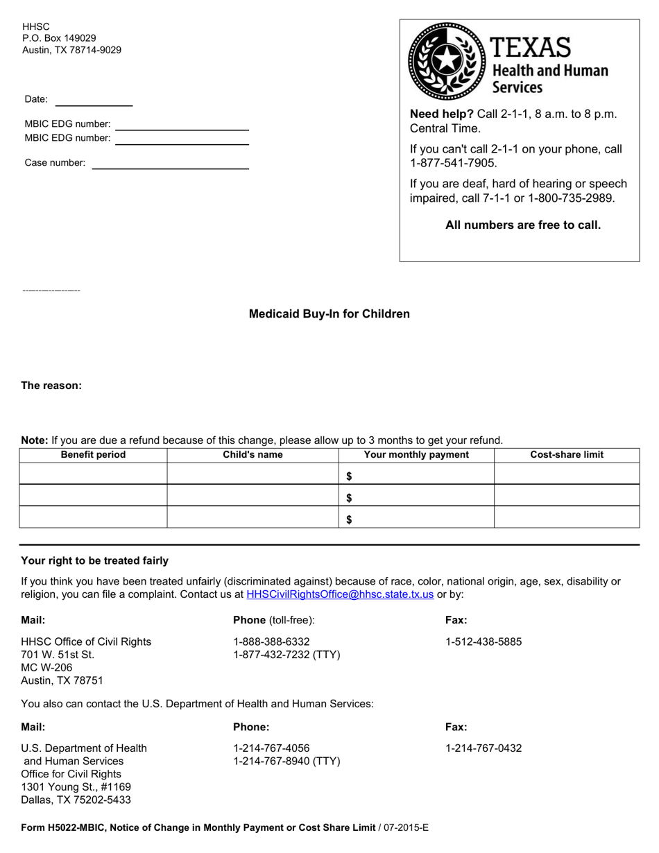 Form H5022-MBIC Notice of Change in Monthly Payment or Cost Share Limit (Medicaid Buy-In for Children) - Texas, Page 1