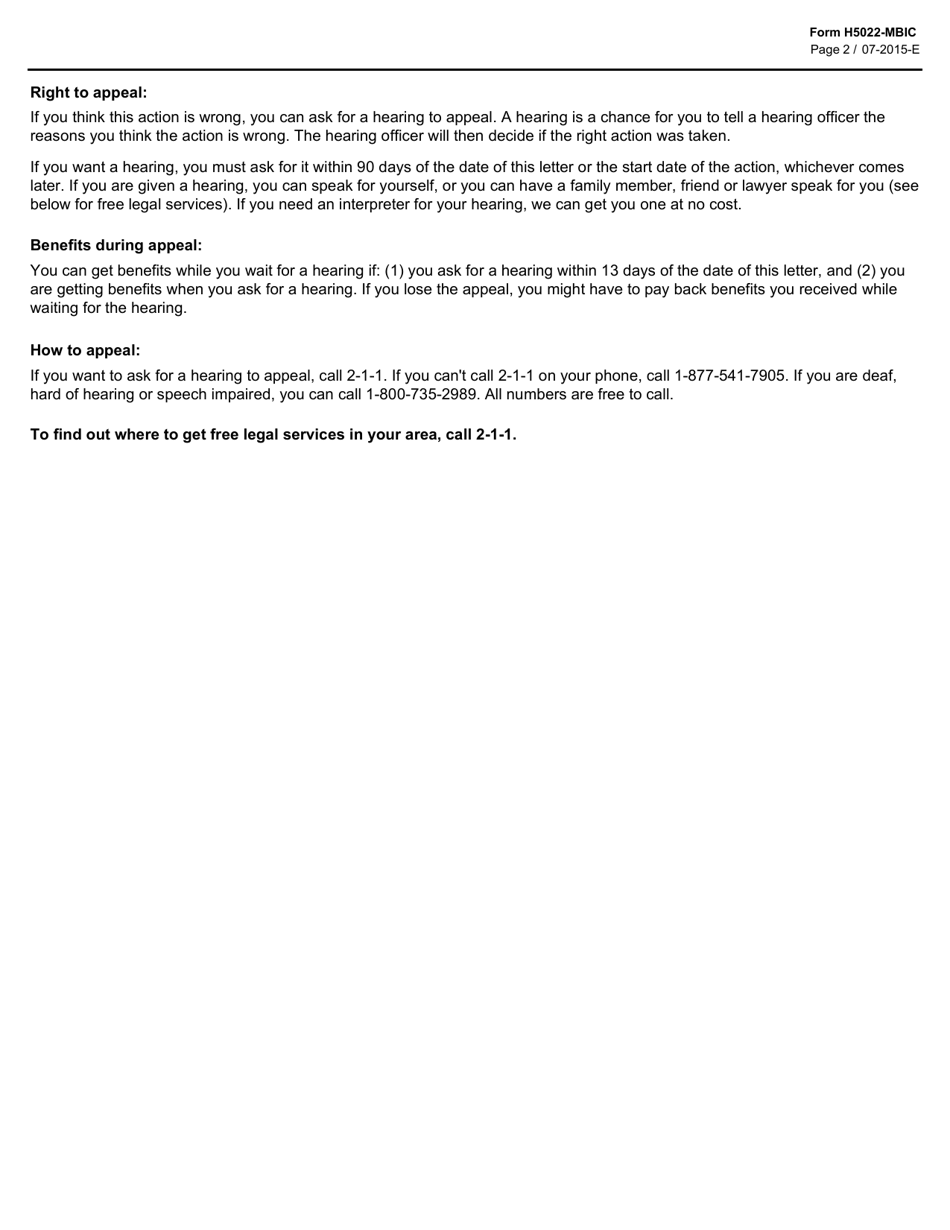 Form H5022-MBIC Notice of Change in Monthly Payment or Cost Share Limit (Medicaid Buy-In for Children) - Texas, Page 2