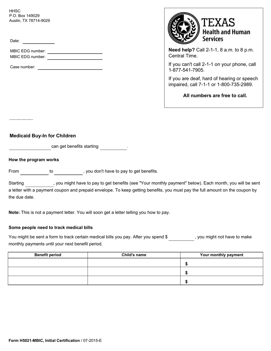 Form H5021-MBIC Initial Certification (Medicaid Buy-In for Children) - Texas, Page 1