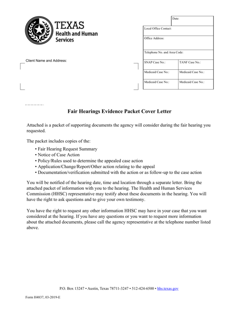 Form H4837 Fair Hearings Evidence Packet Cover Letter - Texas