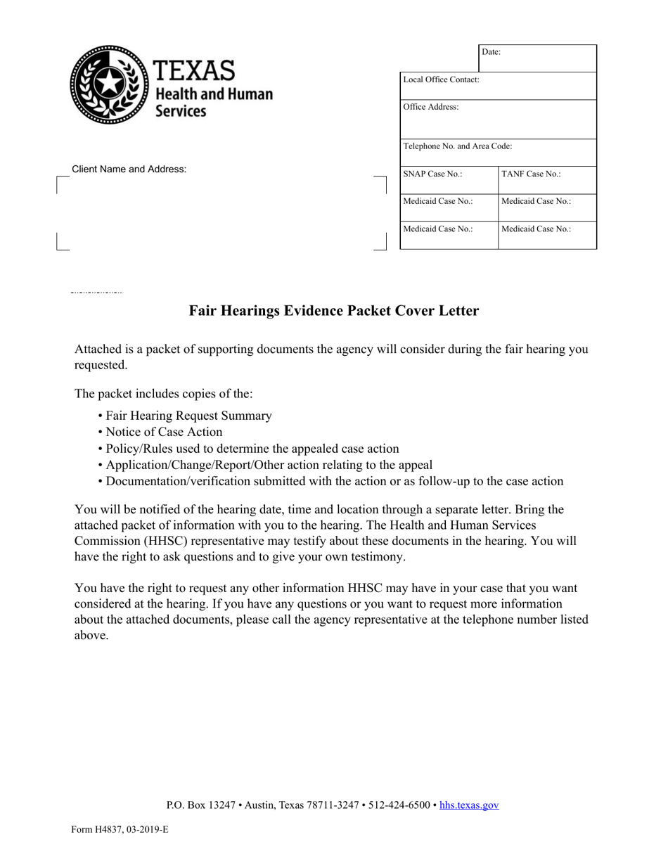 Form H4837 Fair Hearings Evidence Packet Cover Letter - Texas, Page 1