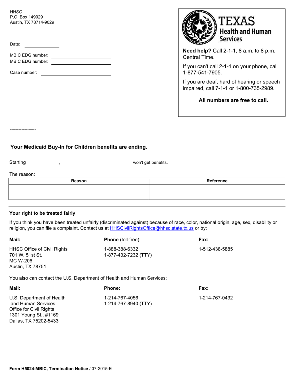 Form H5024-MBIC Termination Notice (Medicaid Buy-In for Children) - Texas, Page 1
